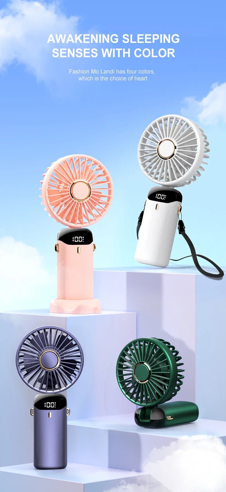 Jsdoin Hand Held Fan,Portable Handheld USB Rechargeable Fans with 5 Speeds,Battery Operated Mini Fan Foldable Desk Desktop Fans with LED Display for Home Office Bedroom Outdoor Travel