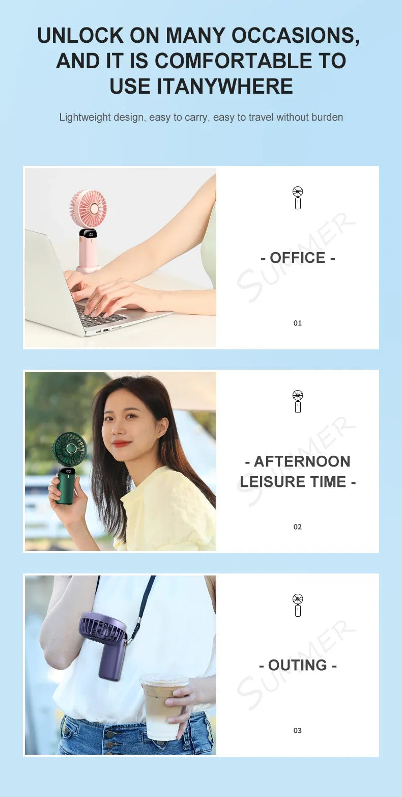 Jsdoin Hand Held Fan,Portable Handheld USB Rechargeable Fans with 5 Speeds,Battery Operated Mini Fan Foldable Desk Desktop Fans with LED Display for Home Office Bedroom Outdoor Travel