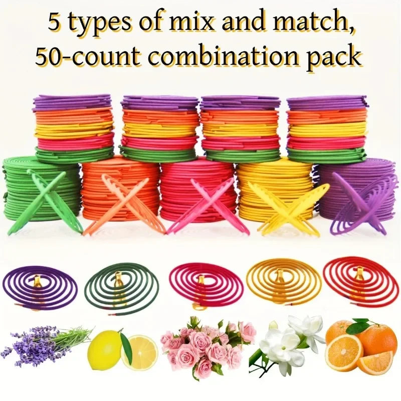50pcs Mixed Fragrance Incense Sticks, Spiral Shape, Lemon, Rose, Jasmine, Lavender, Orange, 3-4 Hours Burn Time, Mild Fragrance,
